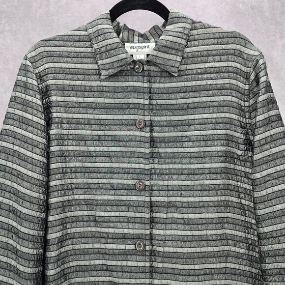 Easy Spirit Gray Stripe Button Metallic Long Sleeve Coat Jacket Large - Picture 3 of 7
